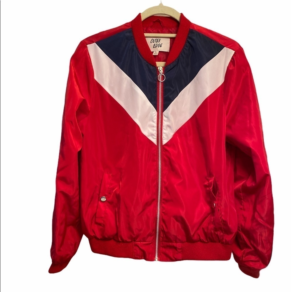 Outer Edge jacket satin style 80s look and vibe zip front snap pocket Size Large